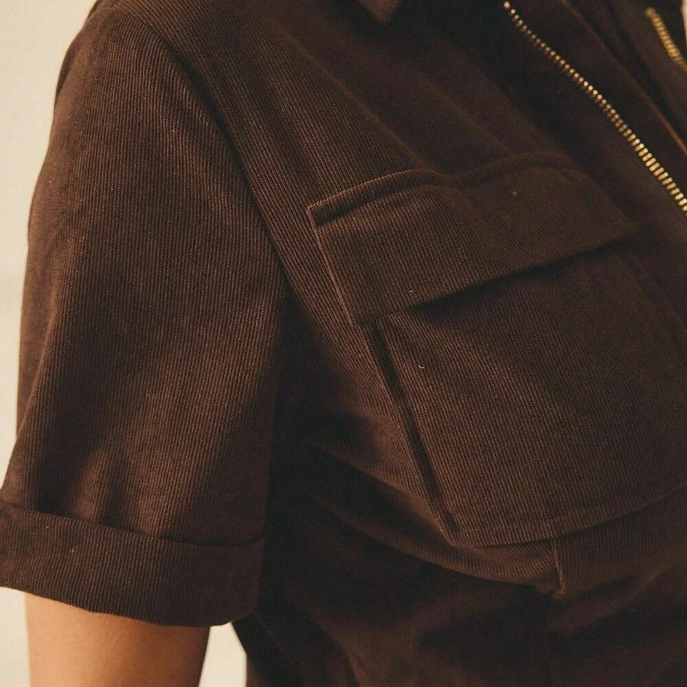 Brown Western Women's Casual Short Sleeve Corduroy Jumpsuit - Picture 6 of 10